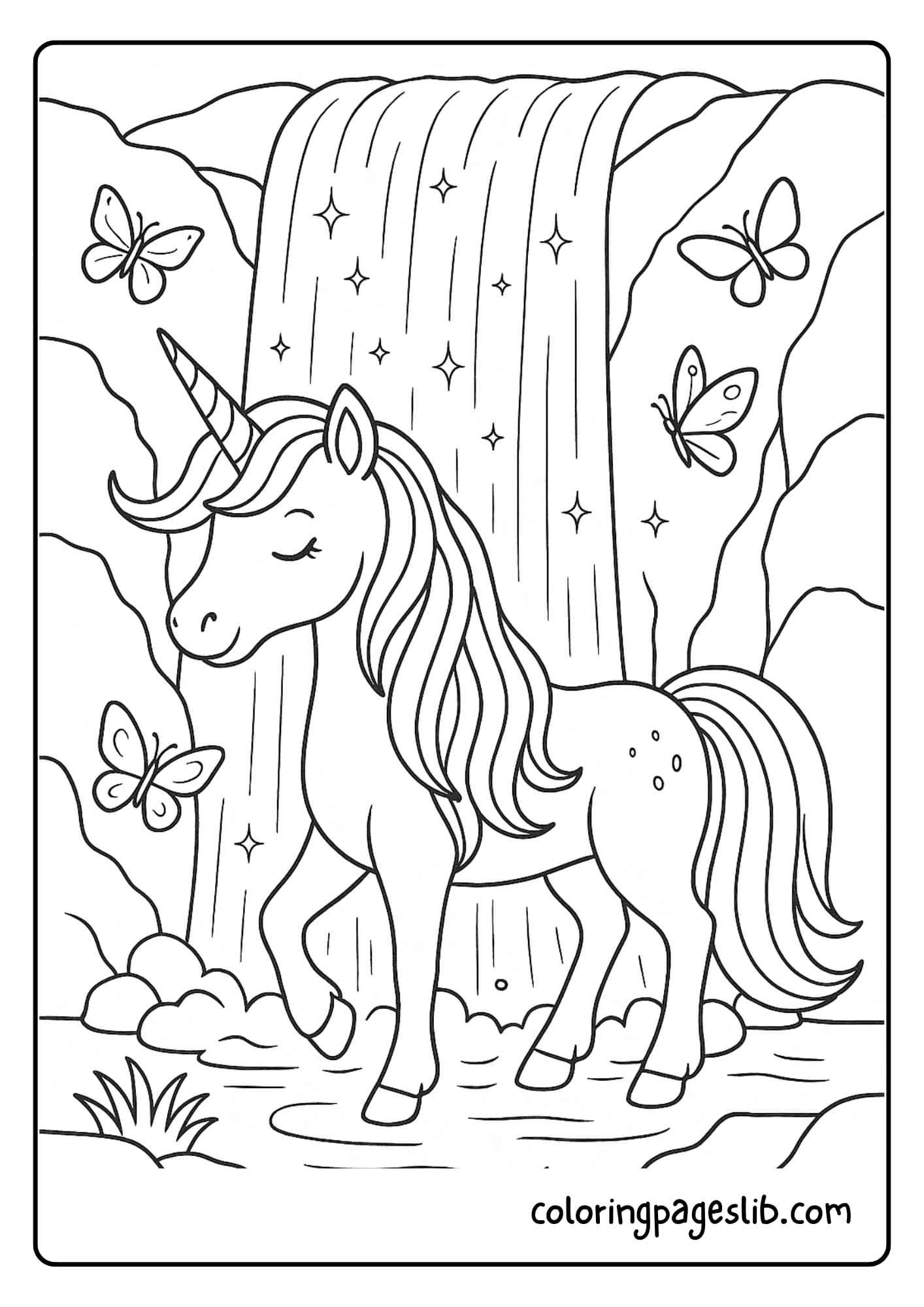 Pretty Unicorn Coloring Pages with Magical Scenes – Unicorn Under a Glittering Waterfall