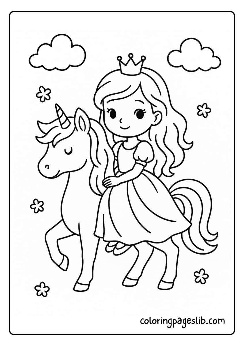 Princess Riding Her Unicorn – Princess and Unicorn Coloring Pages
