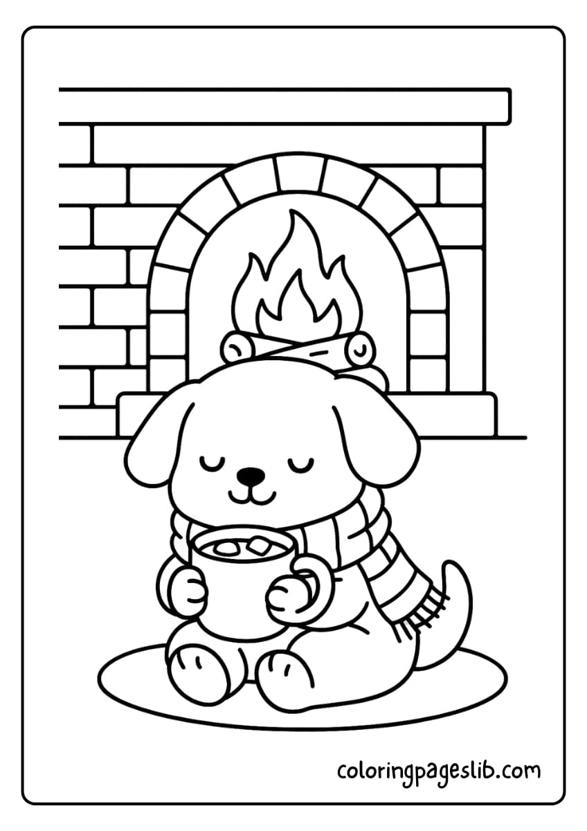 Puppy wearing a scarf, sipping cocoa by the fireplace