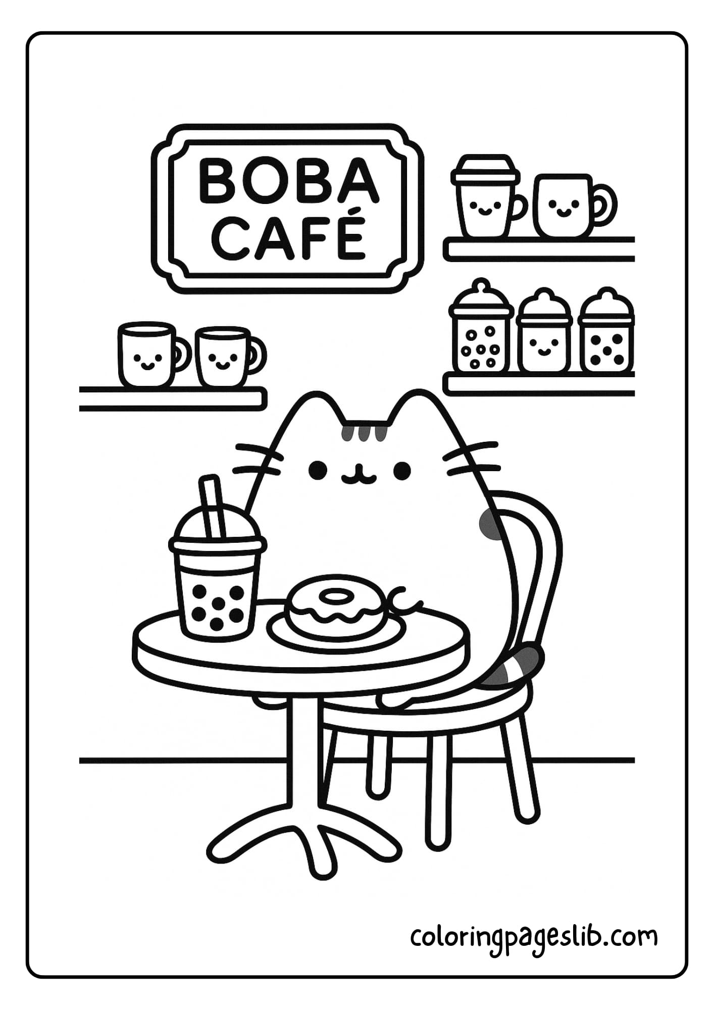 Pusheen is sitting at a small café table with a boba drink and donut in front of her