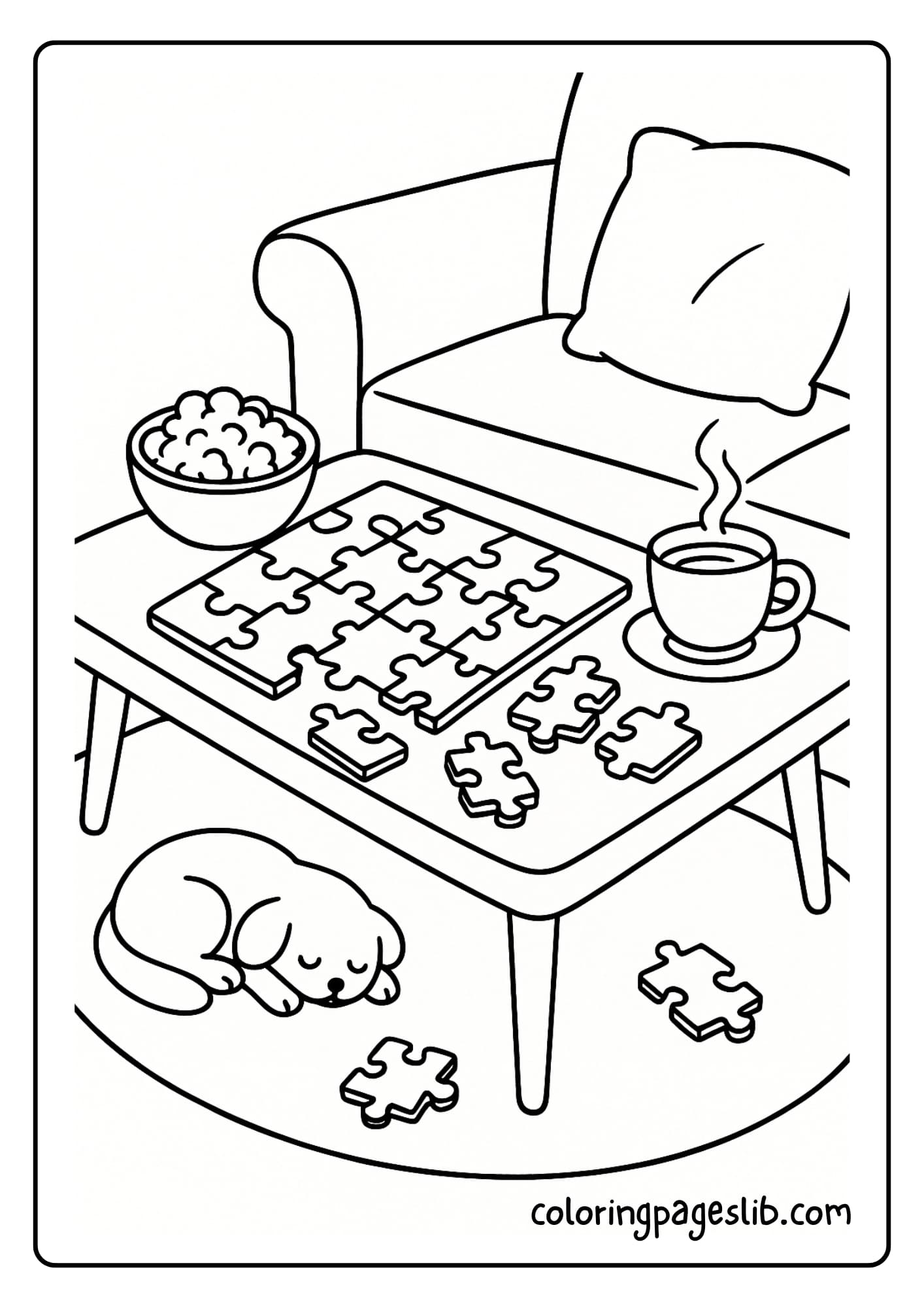 Puzzle‑Piece Peace A coffee table with an in‑progress jigsaw puzzle, a bowl of popcorn, and a cup of herbal tea