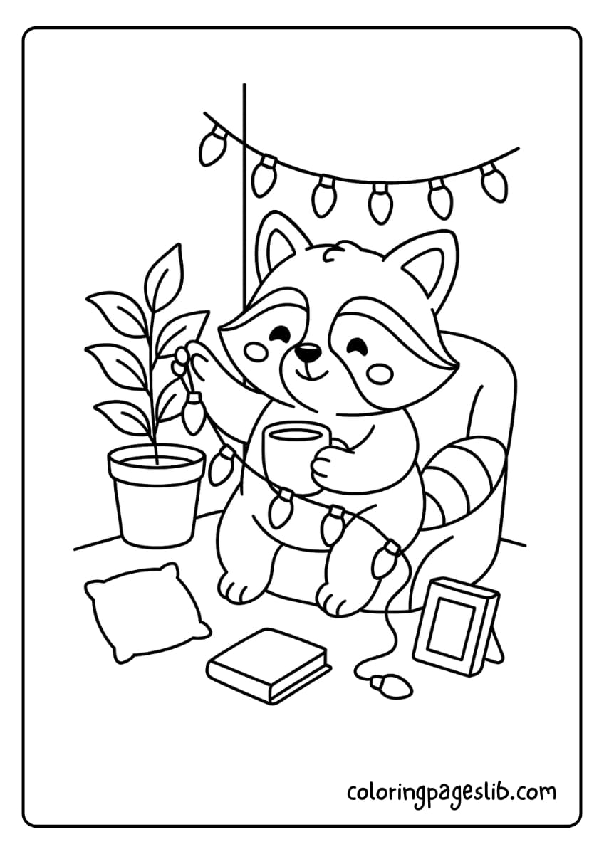 Raccoon decorating a cozy corner with string lights