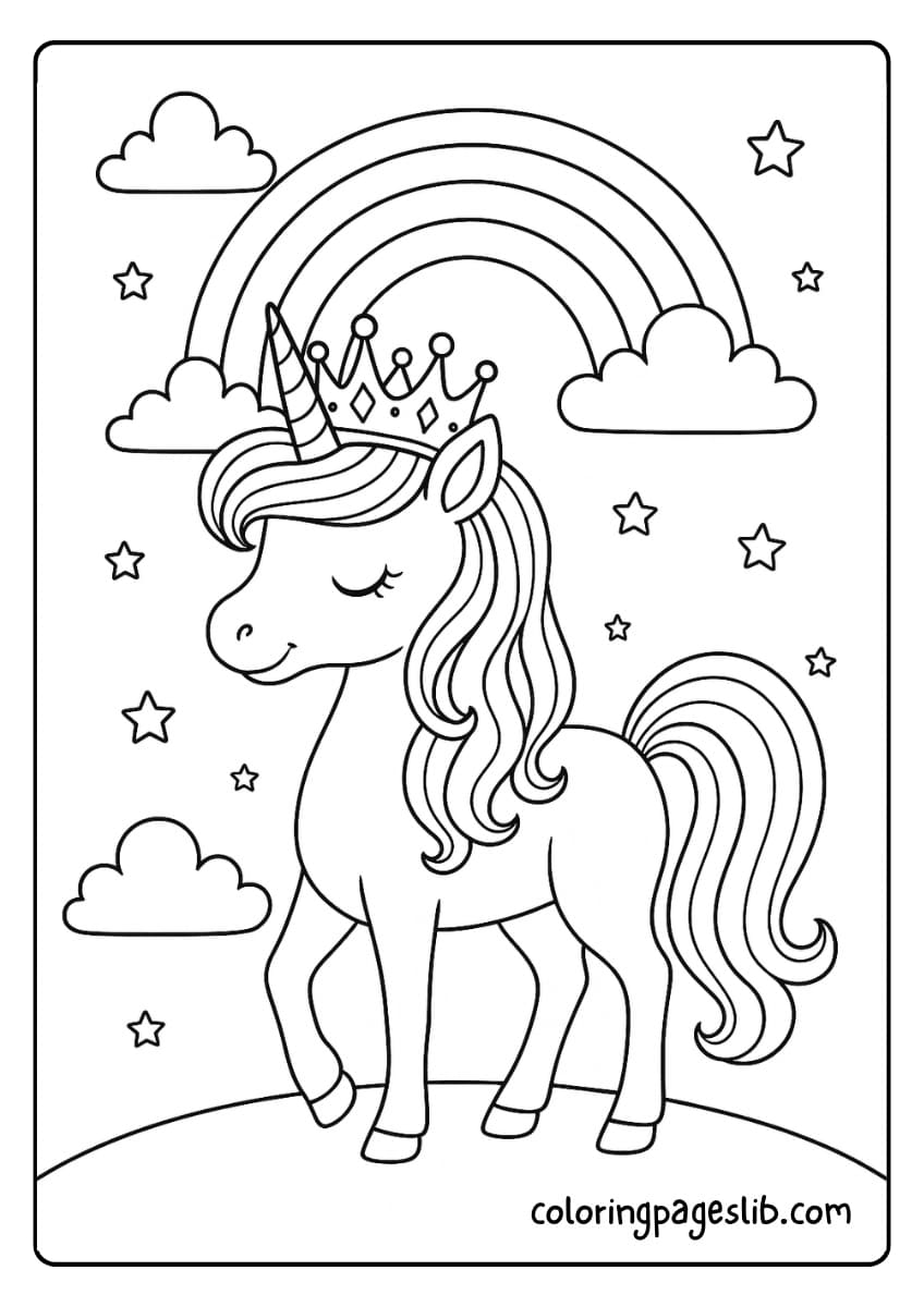 Rainbow Crown Princess – Unicorn Princess Coloring Pages