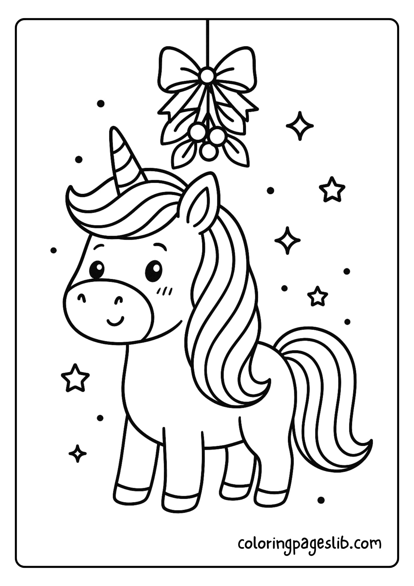 Rainbow-Maned Unicorn Under the Mistletoe – Cute Christmas Unicorn Coloring Pages