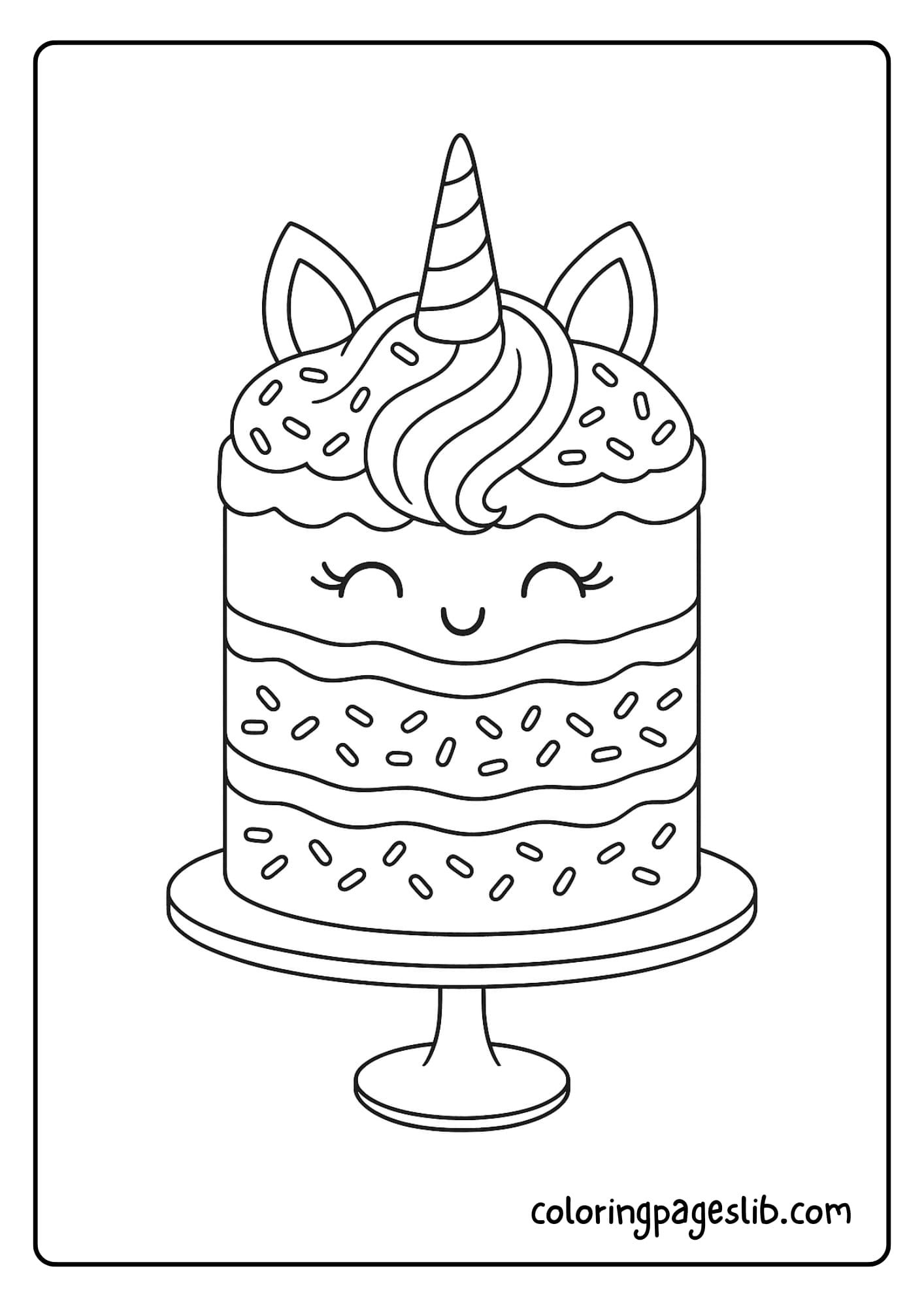 Rainbow Unicorn Cake Coloring Pages – A Tall Cake with Swirly Rainbow Frosting