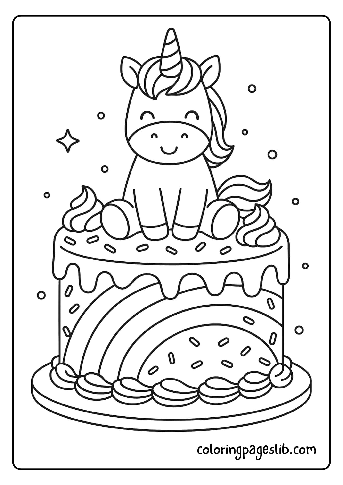 Rainbow Unicorn Cake Coloring Pages – A Unicorn Atop a Rainbow-Frosted Cake