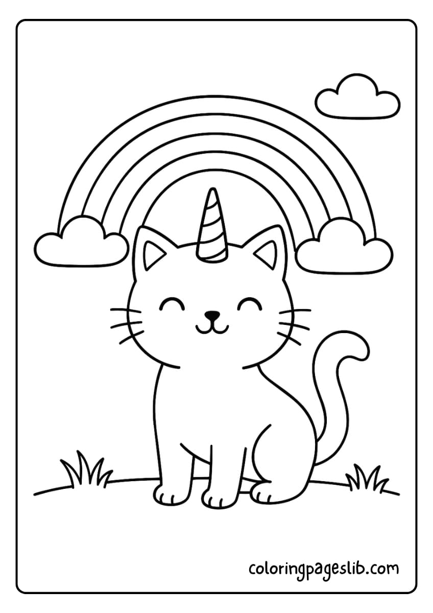 Rainbow Unicorn Cat Coloring Pages_ Standing Proudly Under a Rainbow
