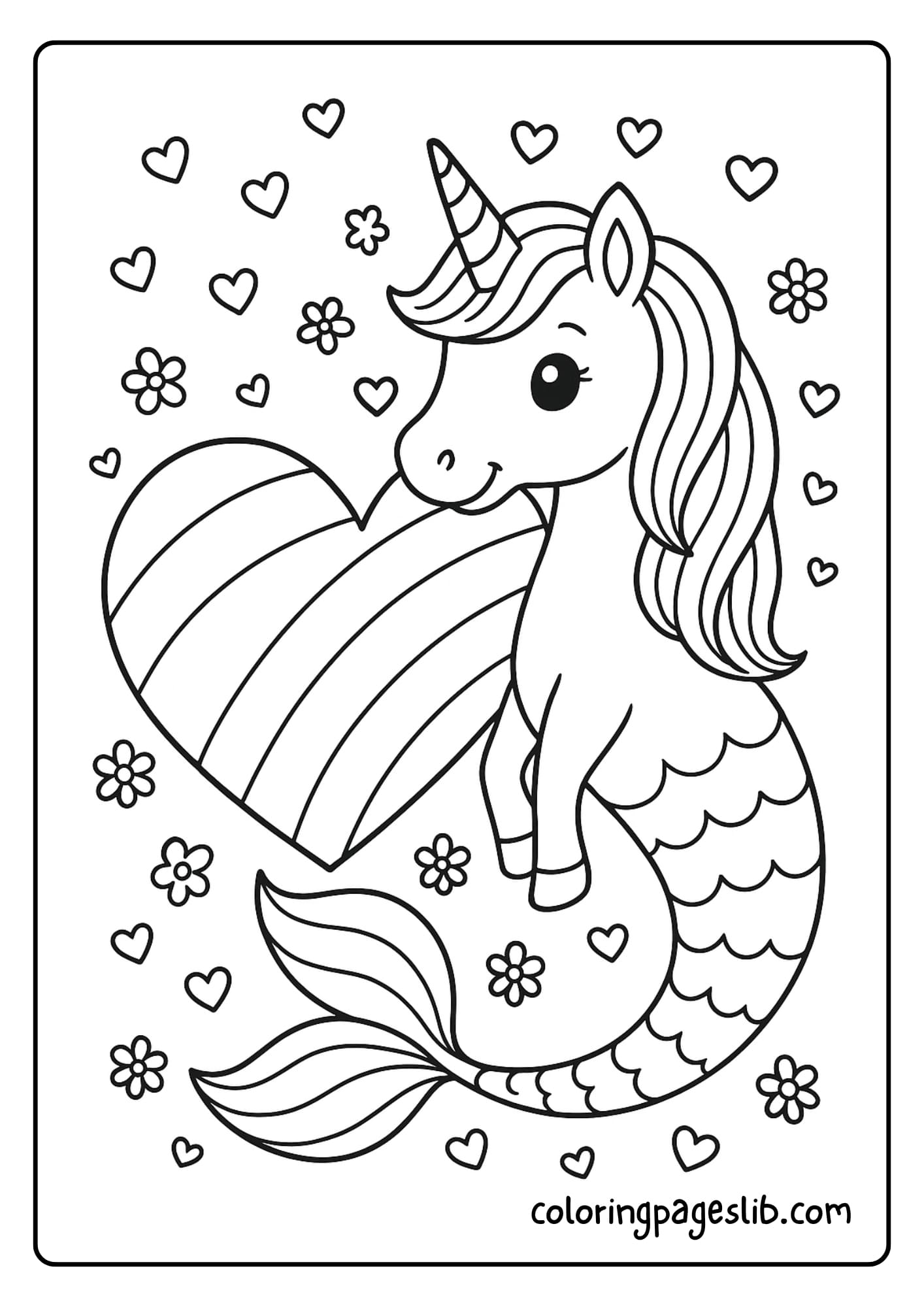 Rainbow Unicorn Heart Coloring Pages – Surrounded by Mini Hearts and Flowers