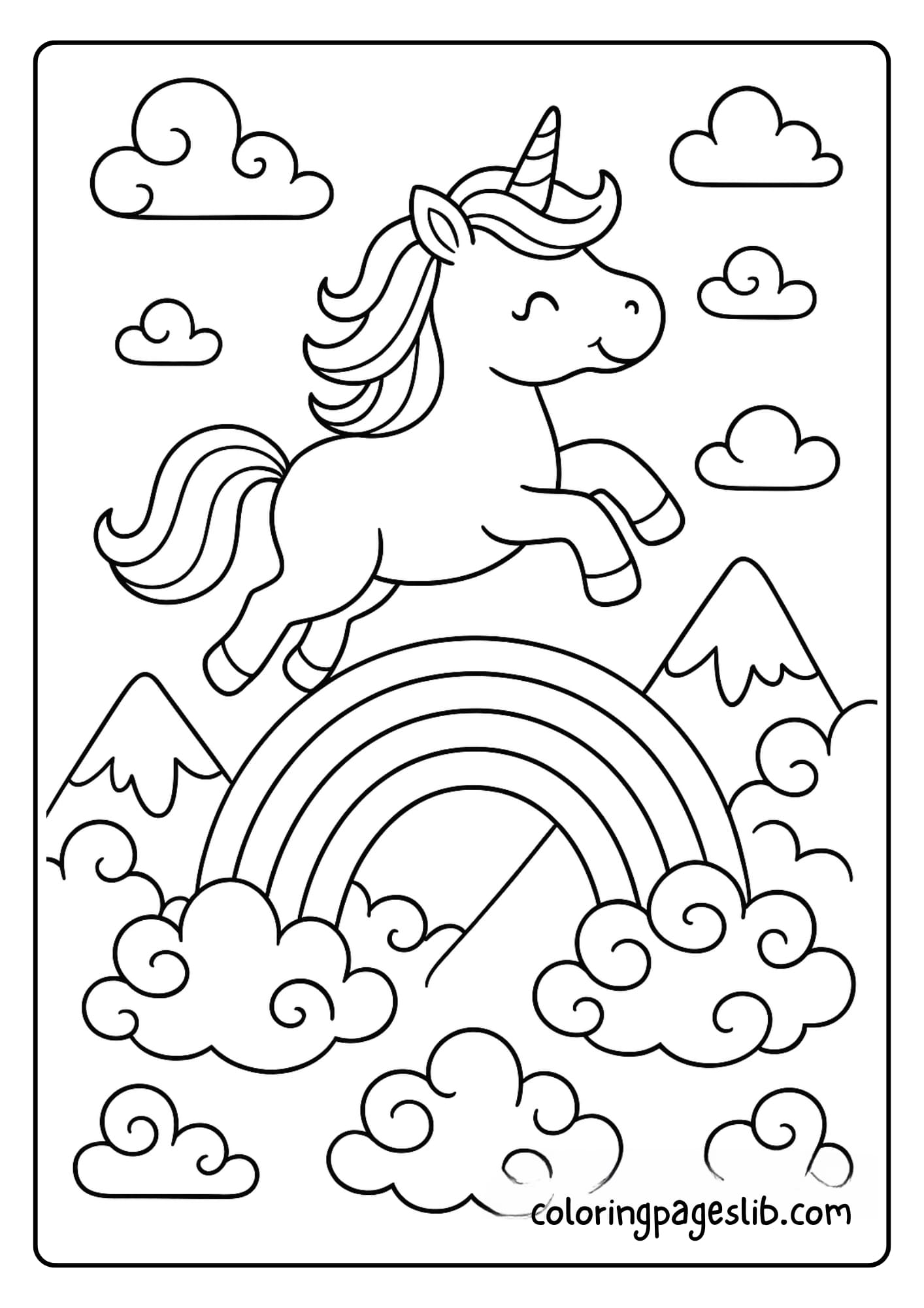 Rainbow Unicorn Jumping Coloring Pages – Over Mountains and Magic Clouds