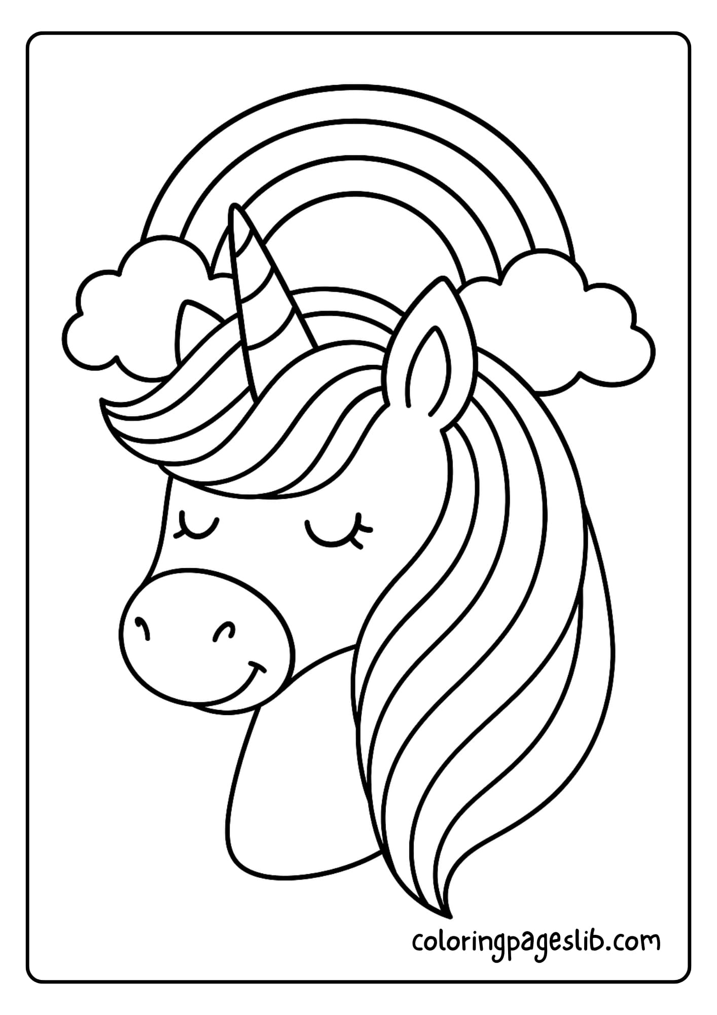 Rainbow-themed unicorn head with layered hair like rainbow waves