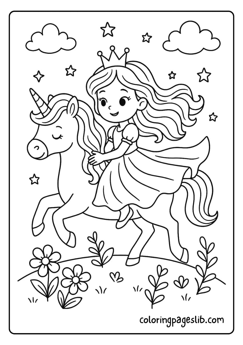 Riding Through Magic – Princess and Unicorn Coloring Pages