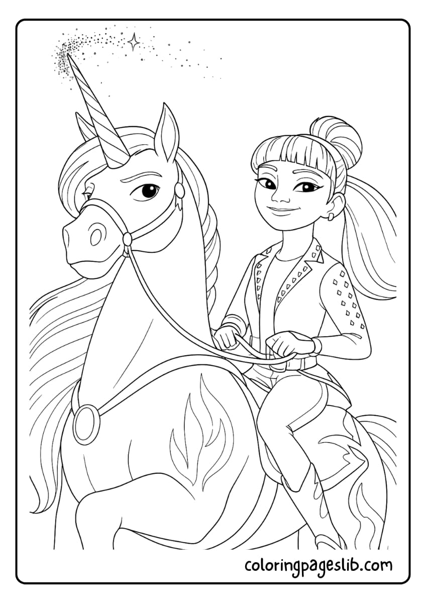 Rory and her unicorn Storm from Unicorn Academy blaze with fiery energy in this bold and magical black and white coloring page