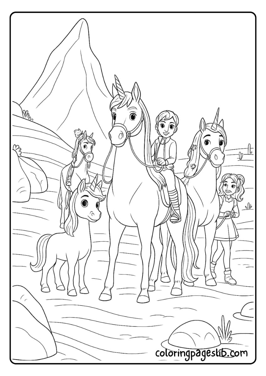 Rory with Storm, Sophia with Wildstar, and Valentina with Cinder from Unicorn Academy journey through a magical pink desert in this adventurous black and white coloring page