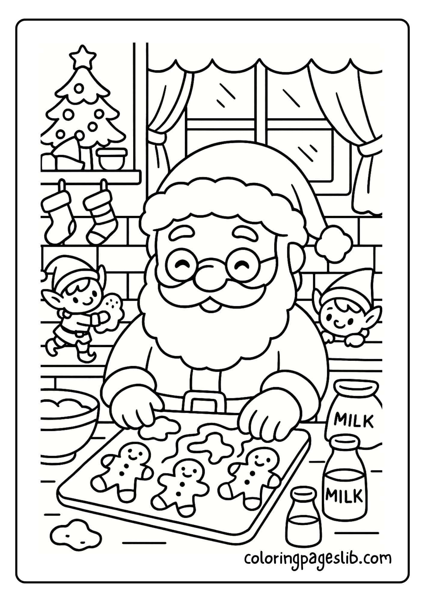 Santa Claus baking gingerbread cookies in a festive kitchen full of bowls