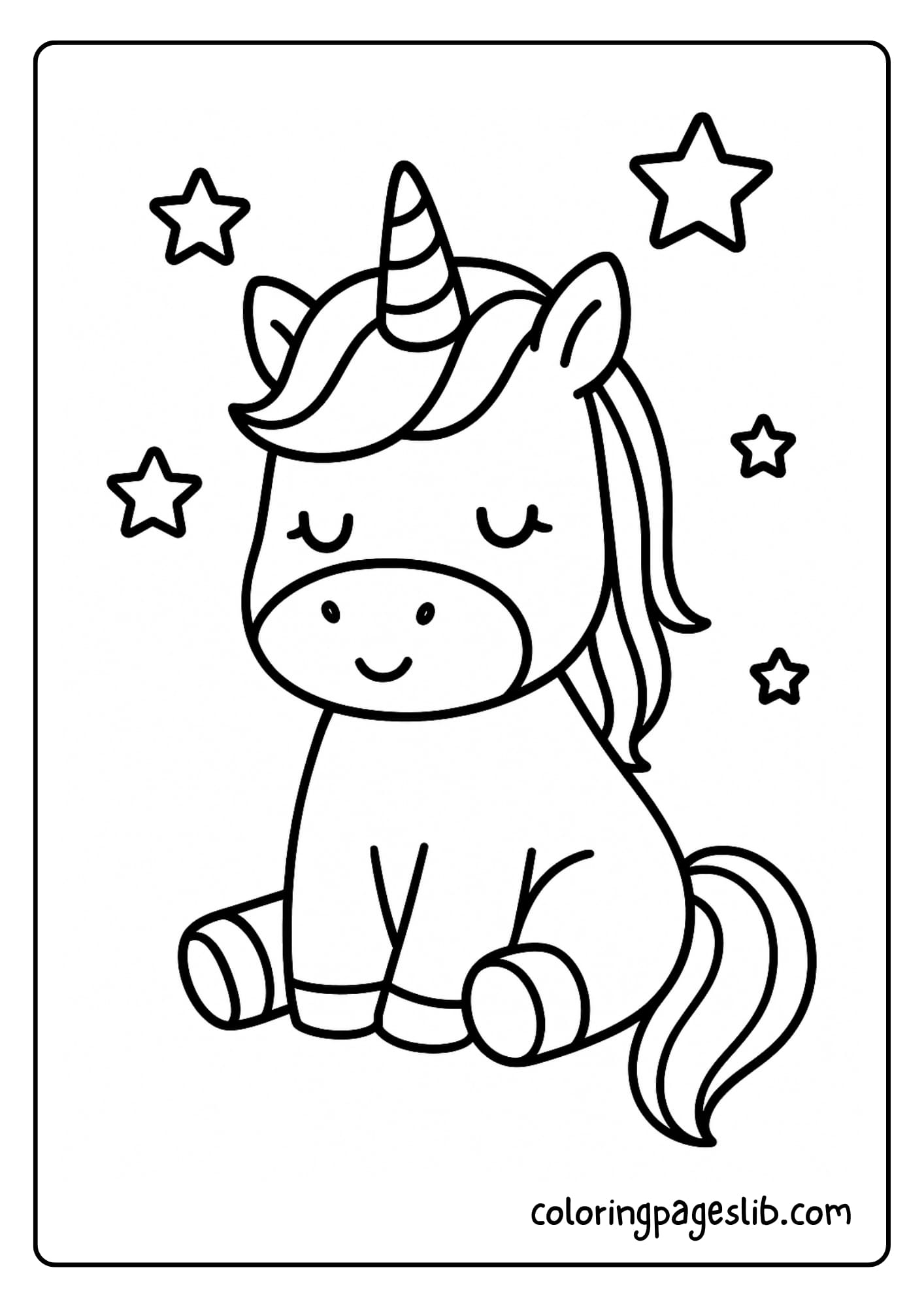 Simple Unicorn Coloring Pages – Sitting Unicorn with Stars