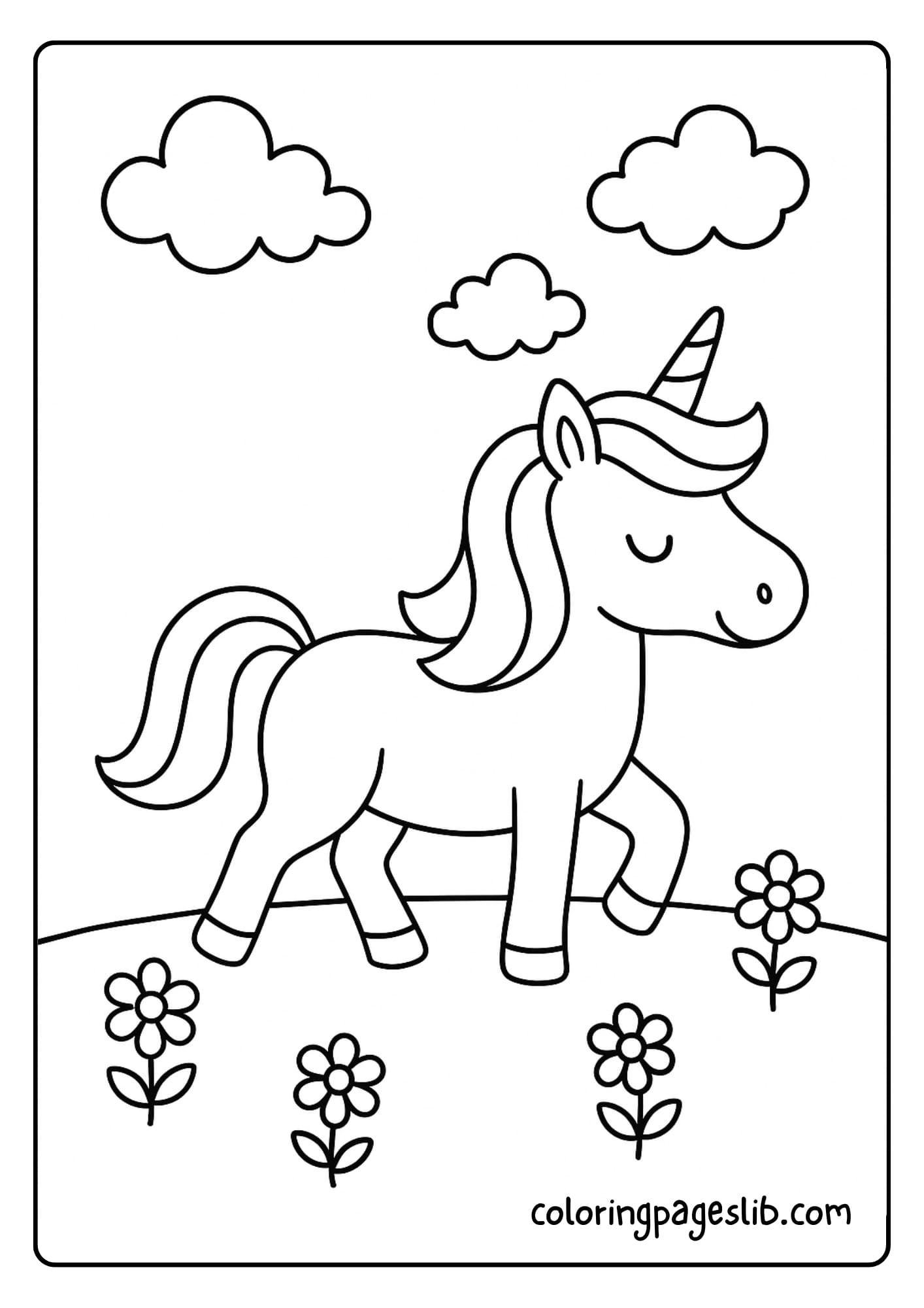 Simple Unicorn Coloring Pages – Walking Unicorn in a Field