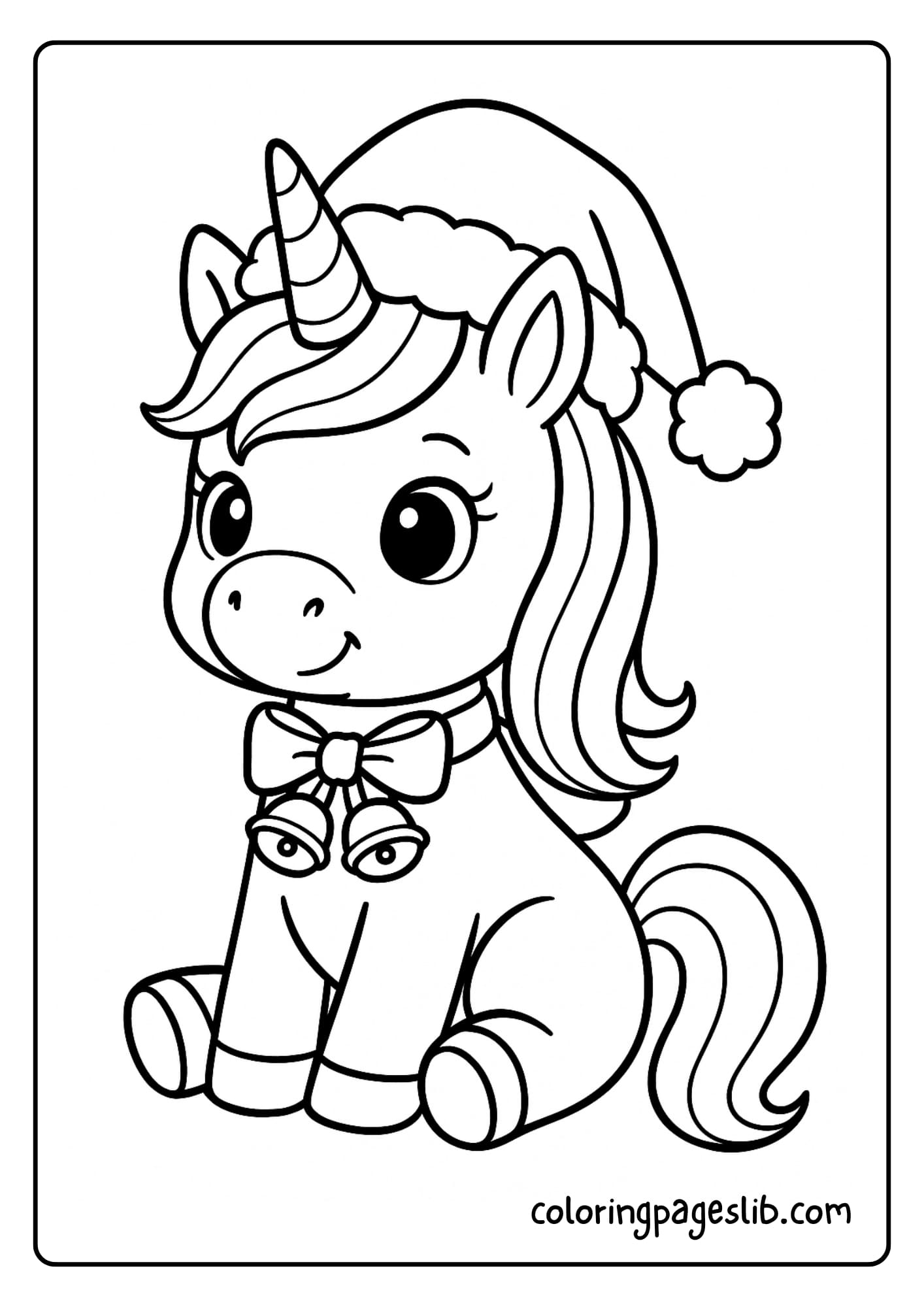 Sitting Unicorn with Santa Hat – Cute Christmas Unicorn Coloring Pages