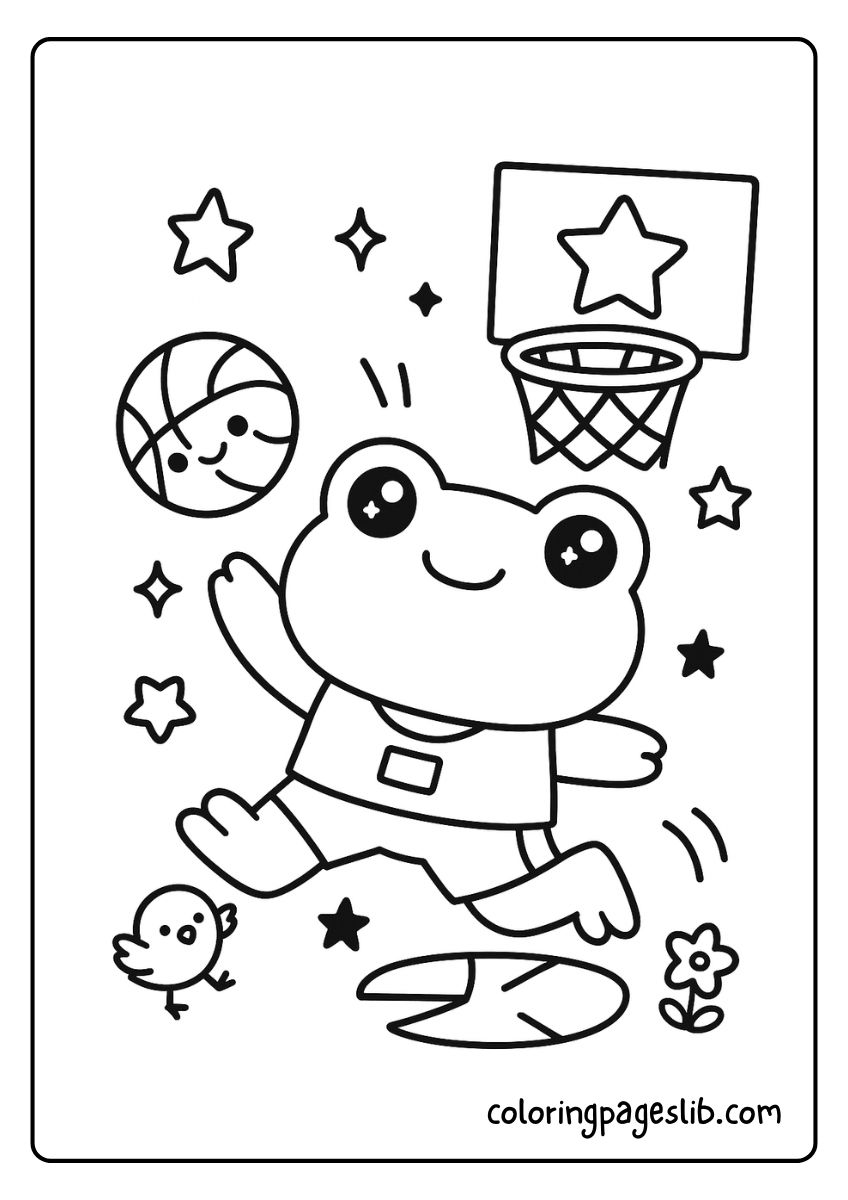 Slam Dunk Frog – Kawaii Frog Playing Basketball Coloring Page