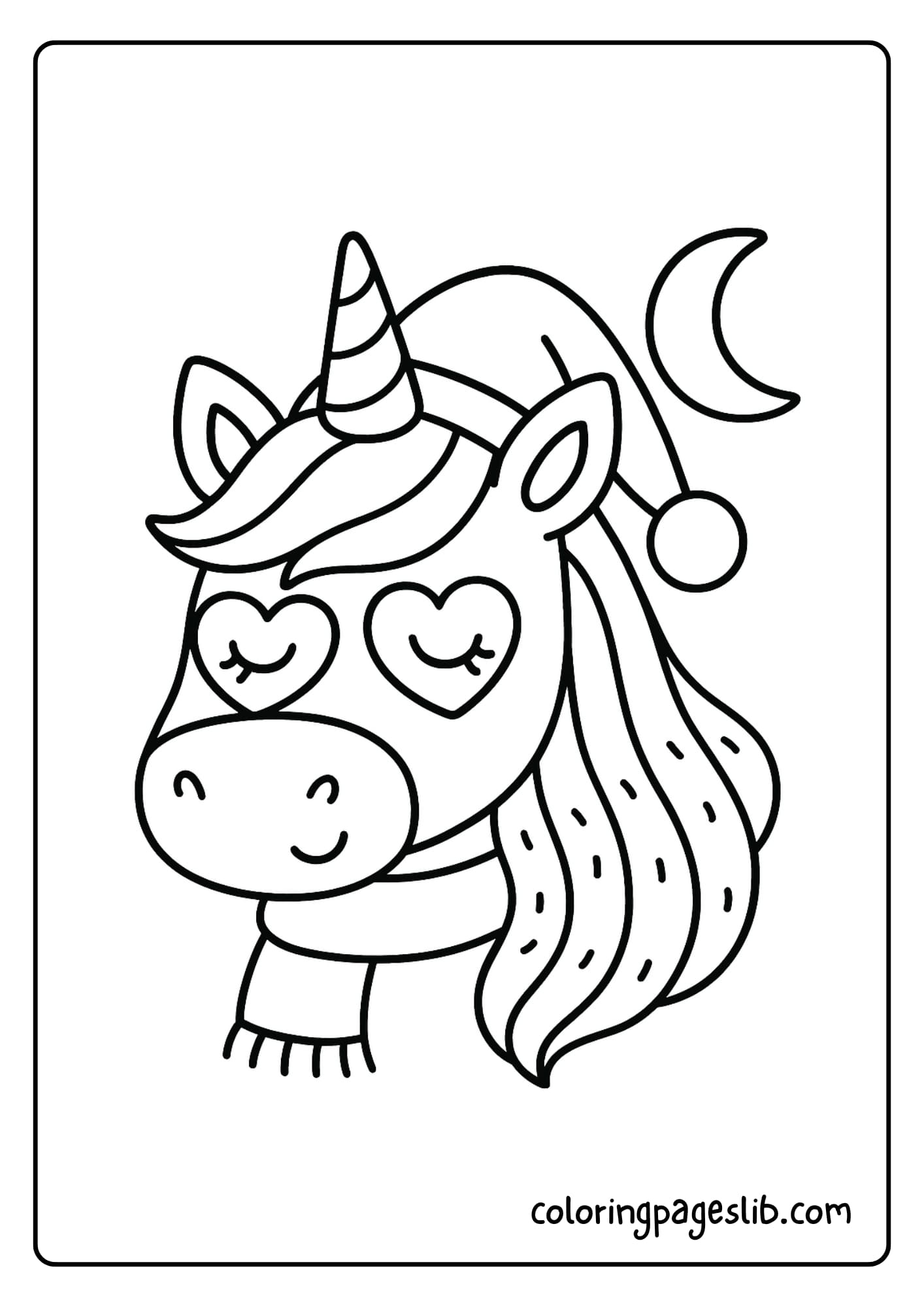 Sleepy unicorn head with a nightcap and crescent moon nearby