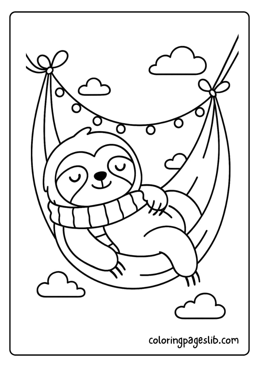 Sloth swinging on a hammock with fairy lights