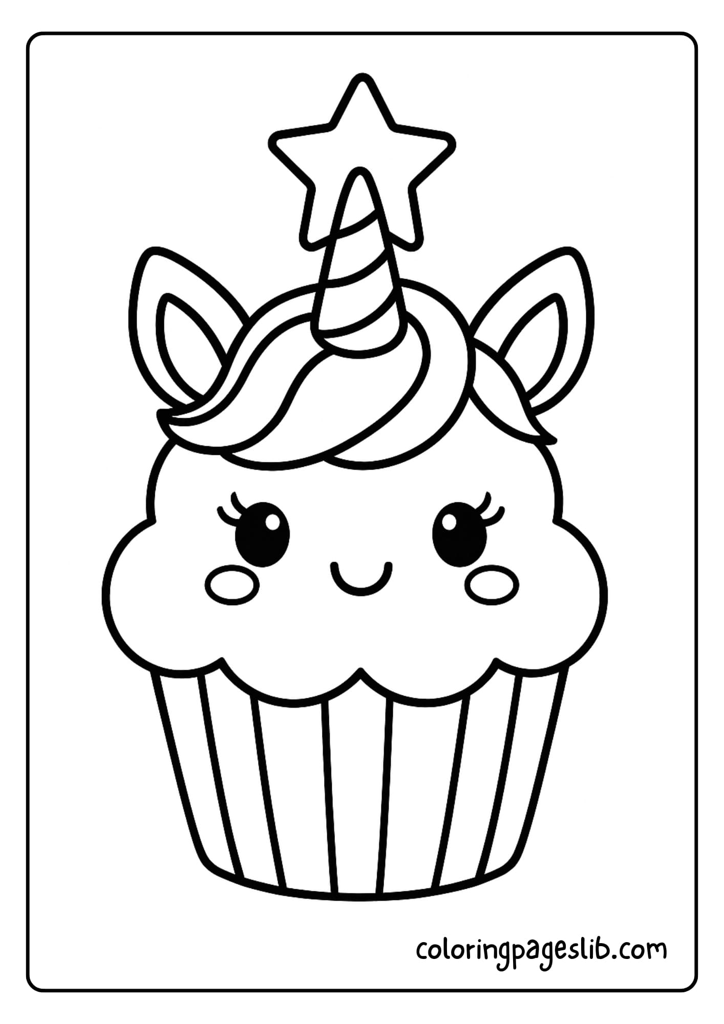 Smiling Cupcake Unicorn with Star Topping – Unicorn Cupcake Coloring Page