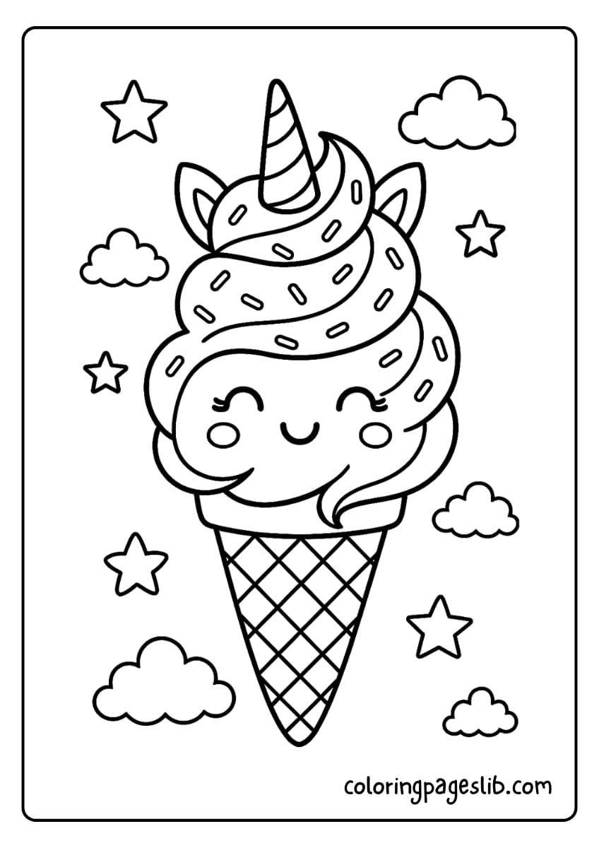 Smiling Sprinkle Swirl – Unicorn Ice Cream Coloring Pages