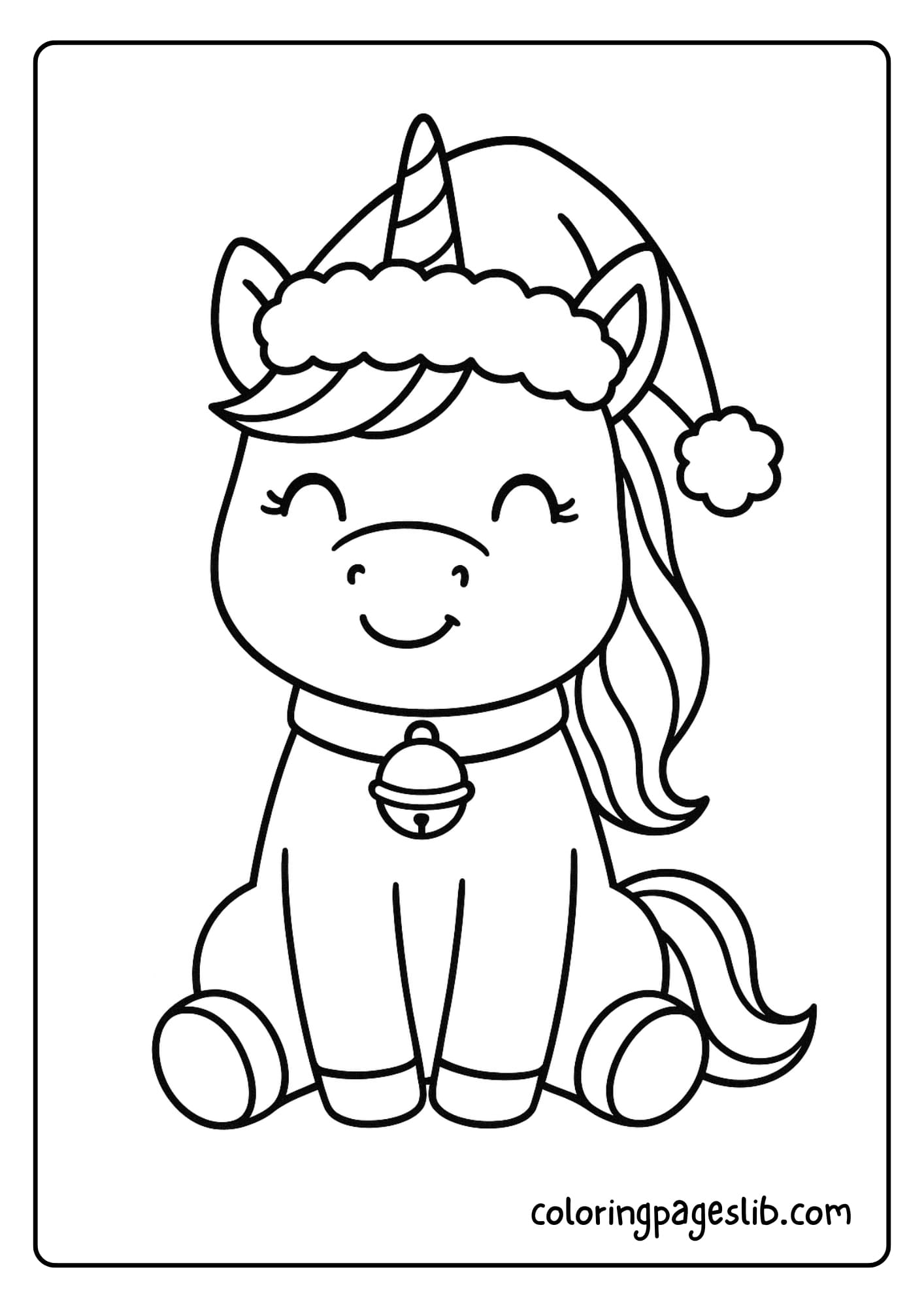Smiling Unicorn with Santa Hat – Cute Christmas Unicorn Coloring Pages