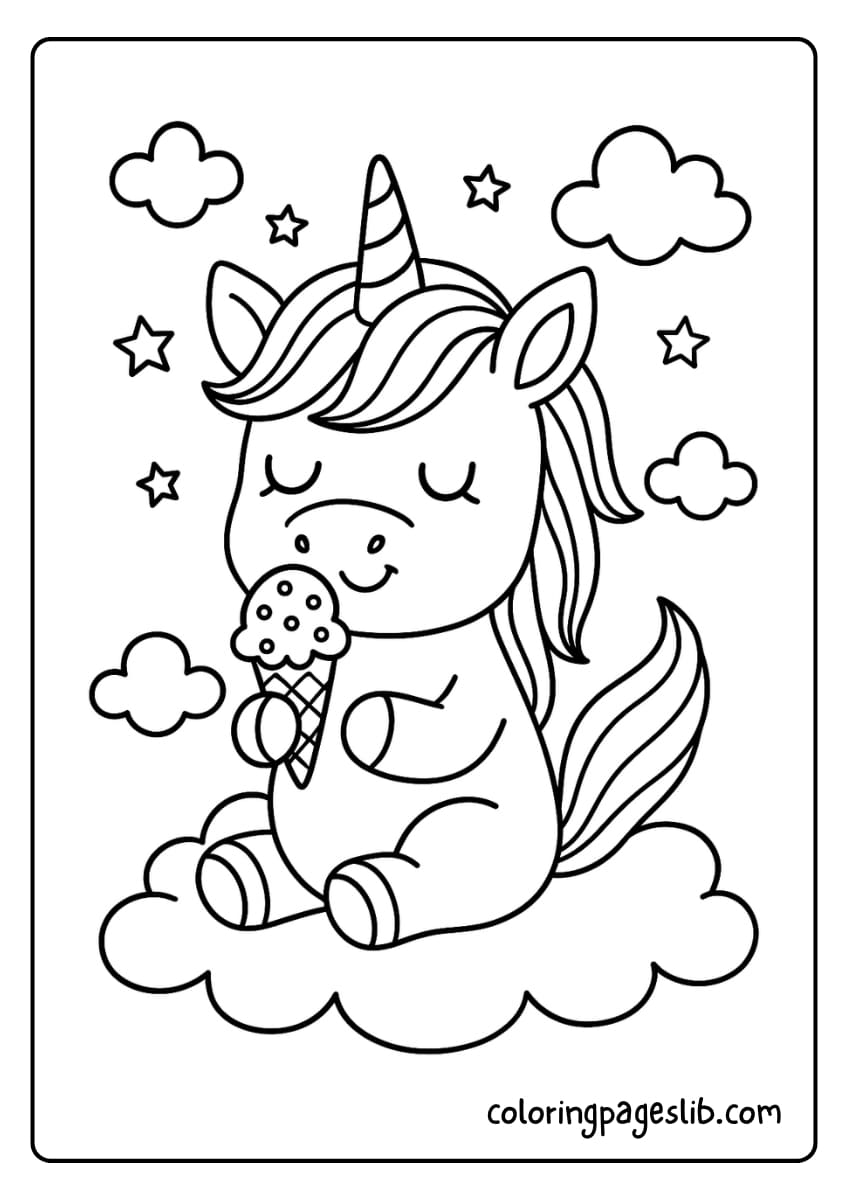 Snack Time – Unicorn with Ice Cream Coloring Pages