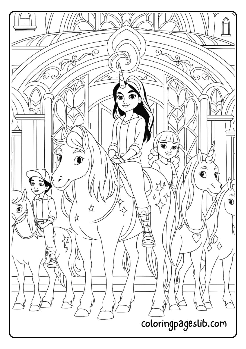 Sophia, Ava, Valentina, Rory, Isabel, and Layla from Unicorn Academy proudly stand with their unicorns in front of the magical academy gates