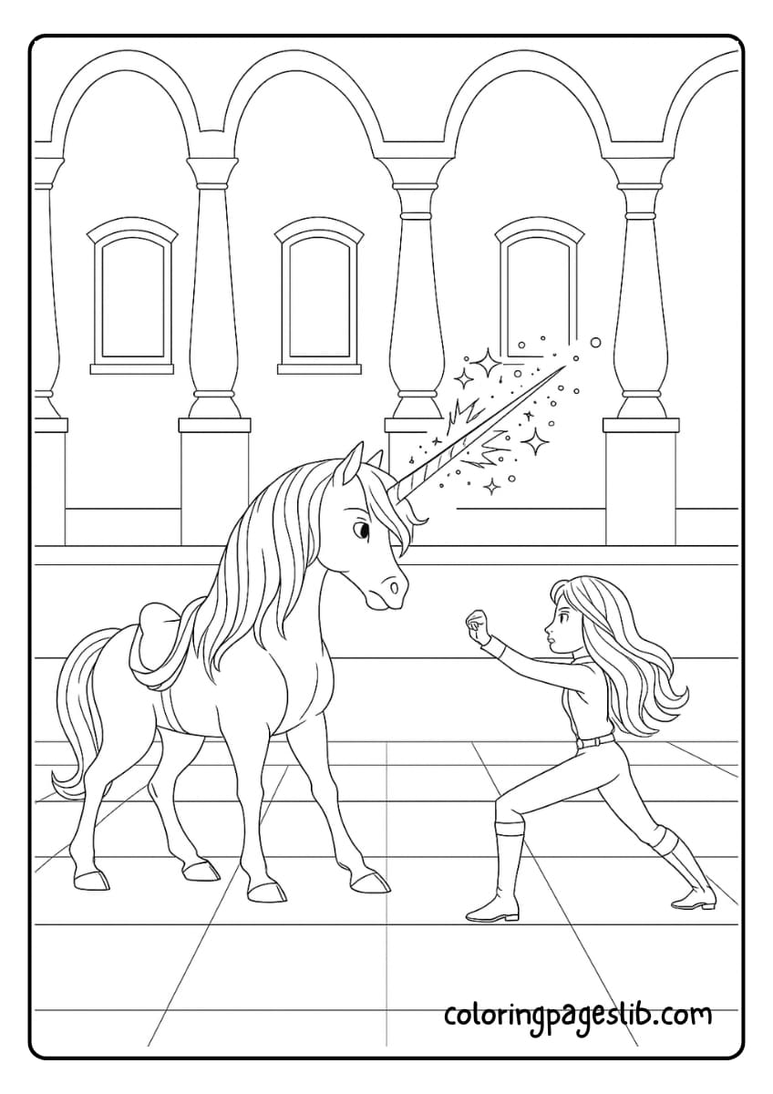 Sophia and her unicorn Wildstar from the Unicorn Academy series share a magical bond as they unleash their powers in the grand courtyard of the academy