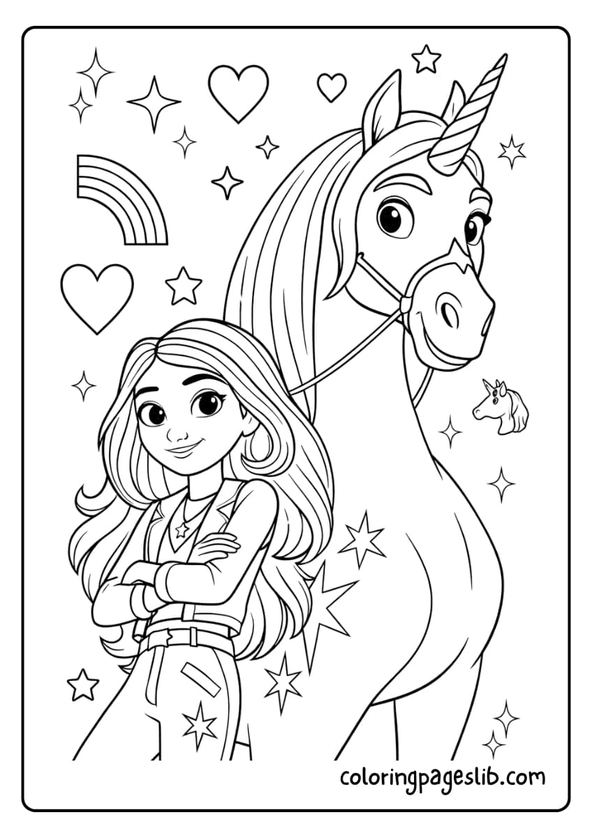 Sophia and her unicorn Wildstar from the Unicorn Academy series stand confidently together, surrounded by stars, rainbows, and hearts in a magical scene