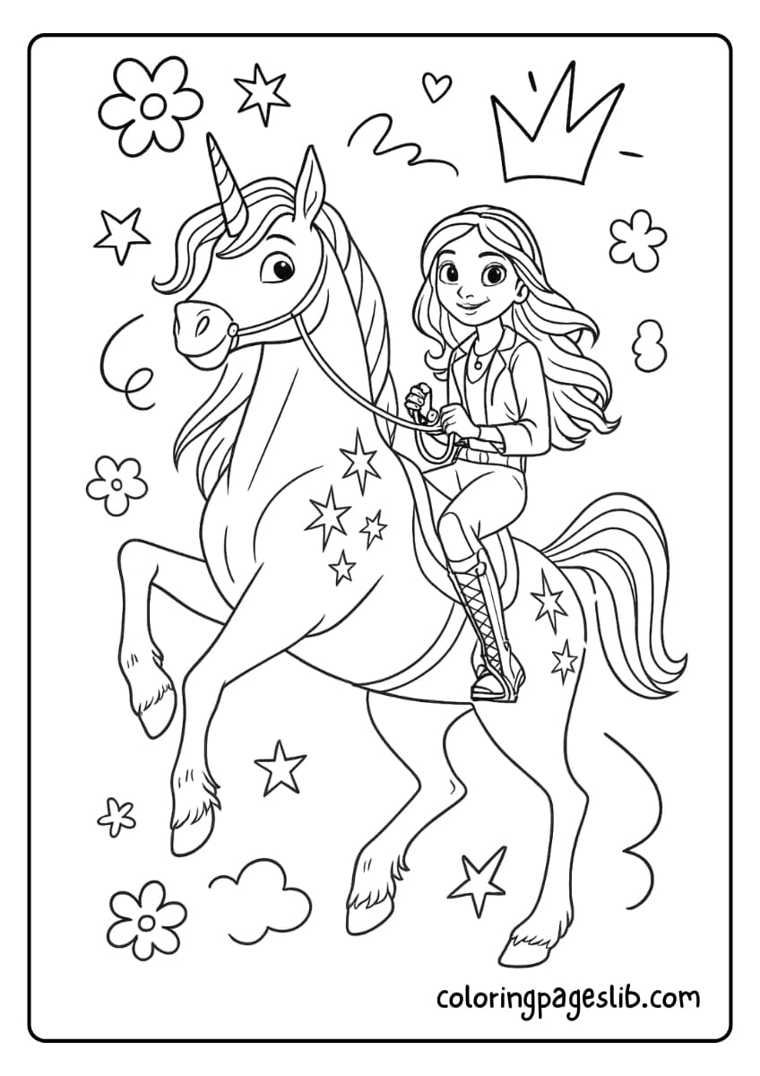 Sophia rides her unicorn Wildstar in a magical moment from the Unicorn Academy series, ready to protect Unicorn Island