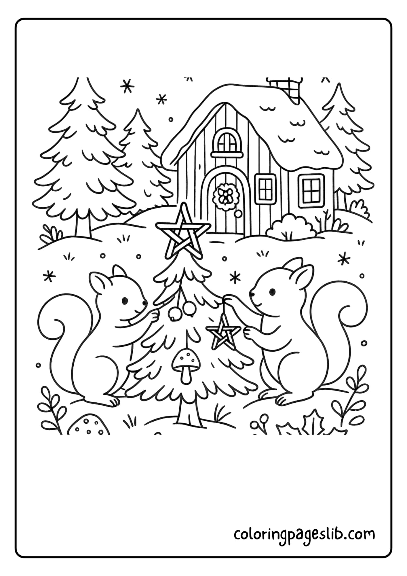 Squirrel decorating an acorn tree with lights
