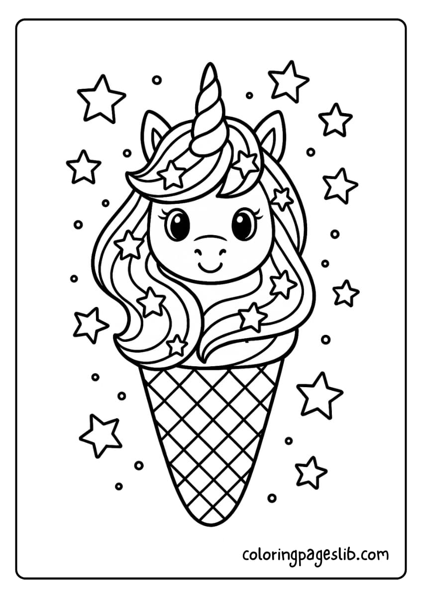 Star Cone Delight – Unicorn Ice Cream Coloring Pages