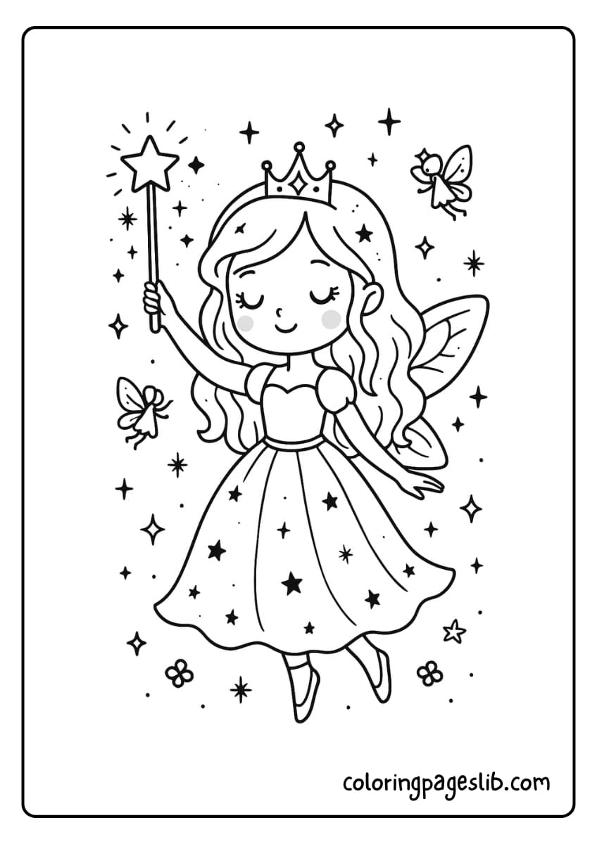 Starlight Wishes – Magic Fairy Princess with Star Wand Coloring Page