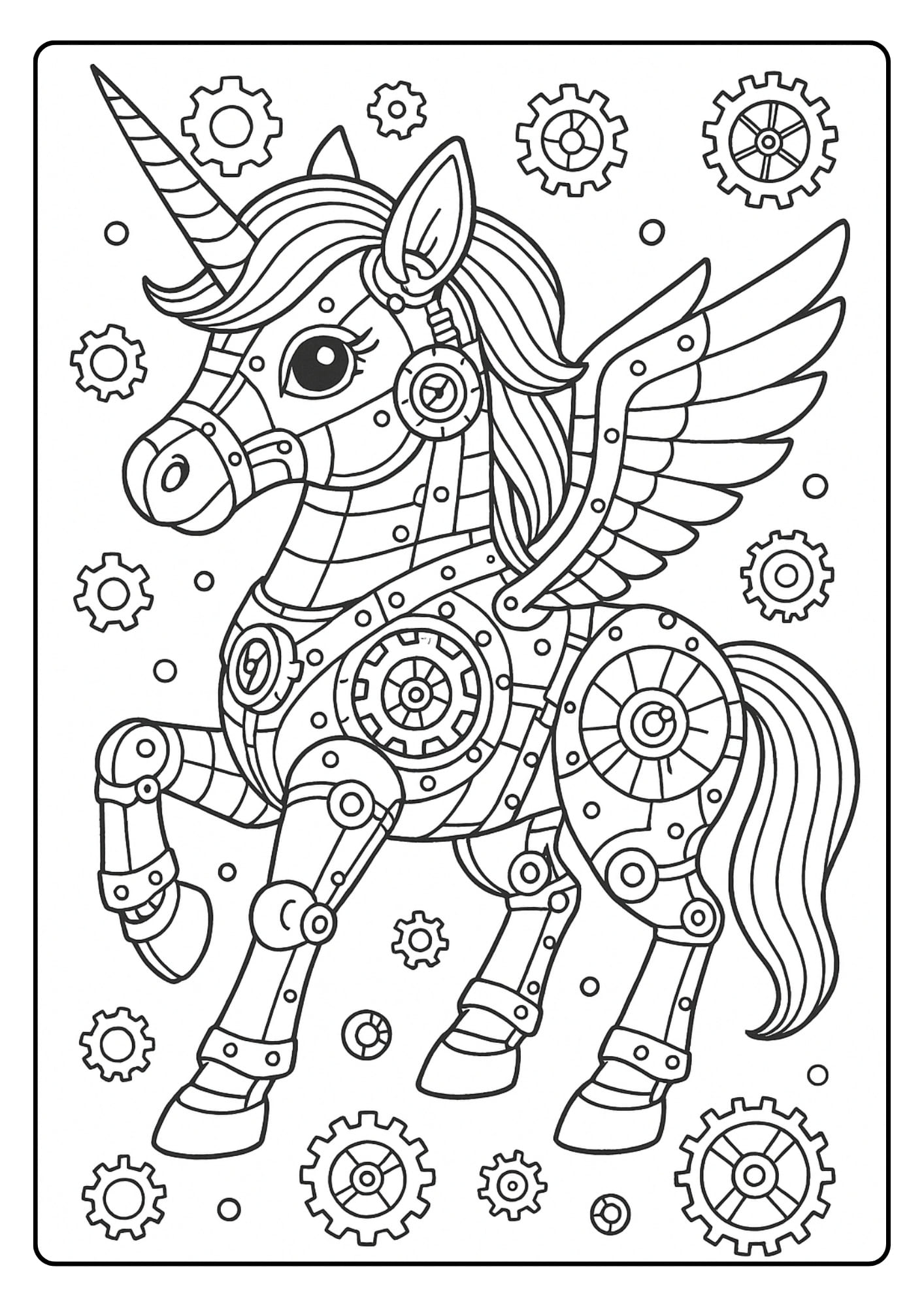Steampunk Style Adult Coloring Pages Unicorn – Mechanical Fantasy Design