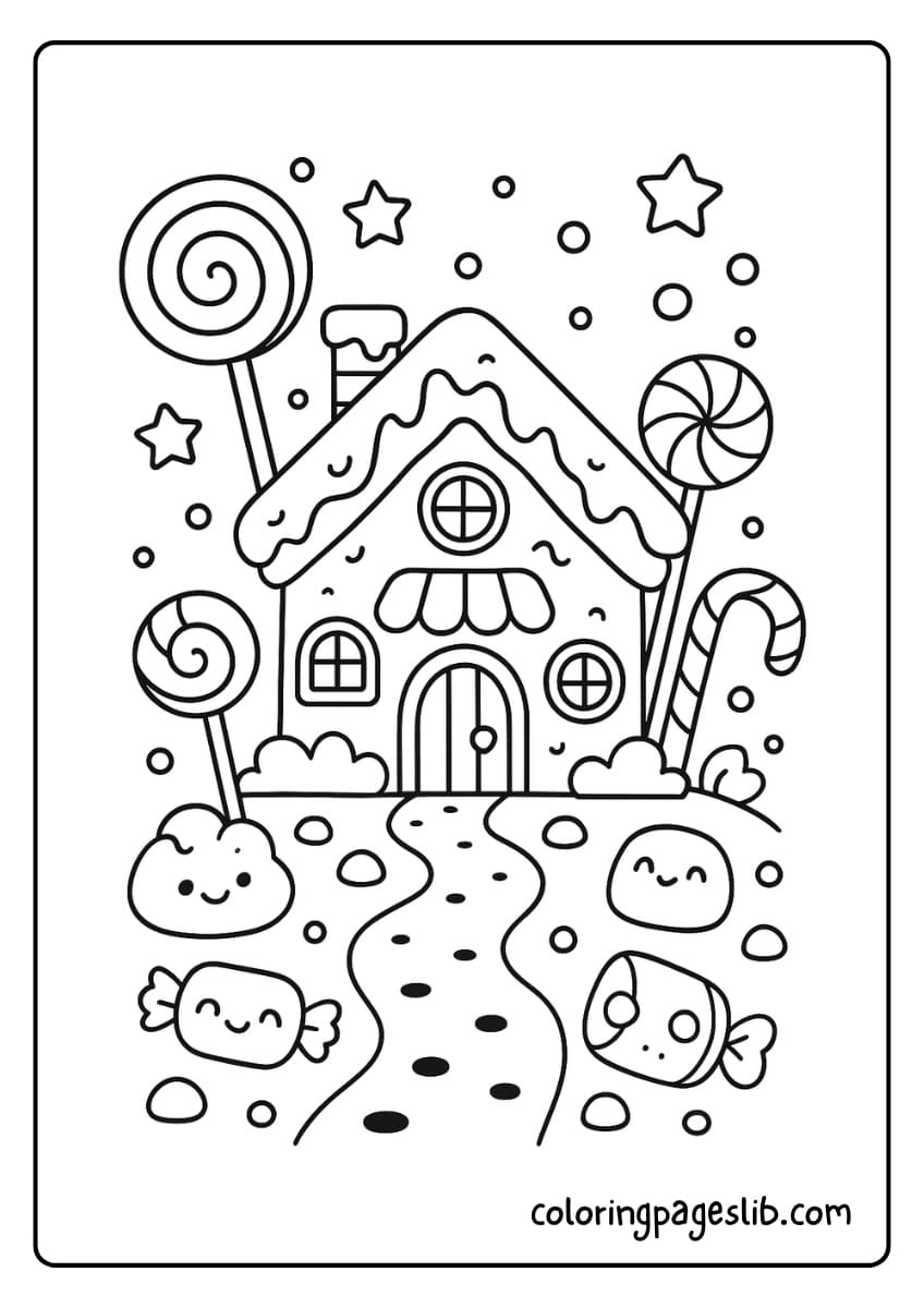 Sugar Cottage – Kawaii Candy House with Lollipops and Sweets Coloring Sheet