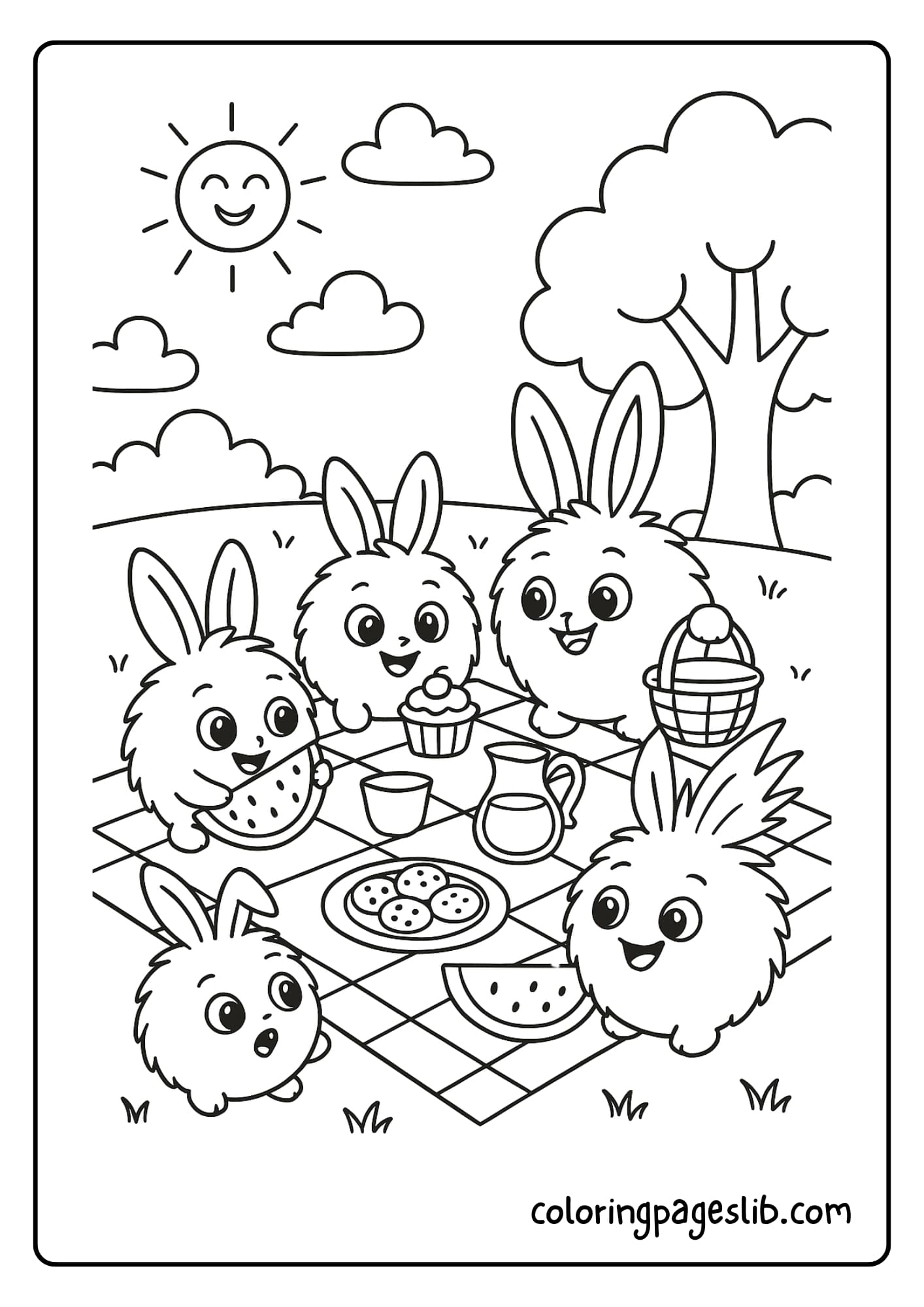 Sunny Bunnie Camping in the woods with a tent and campfire