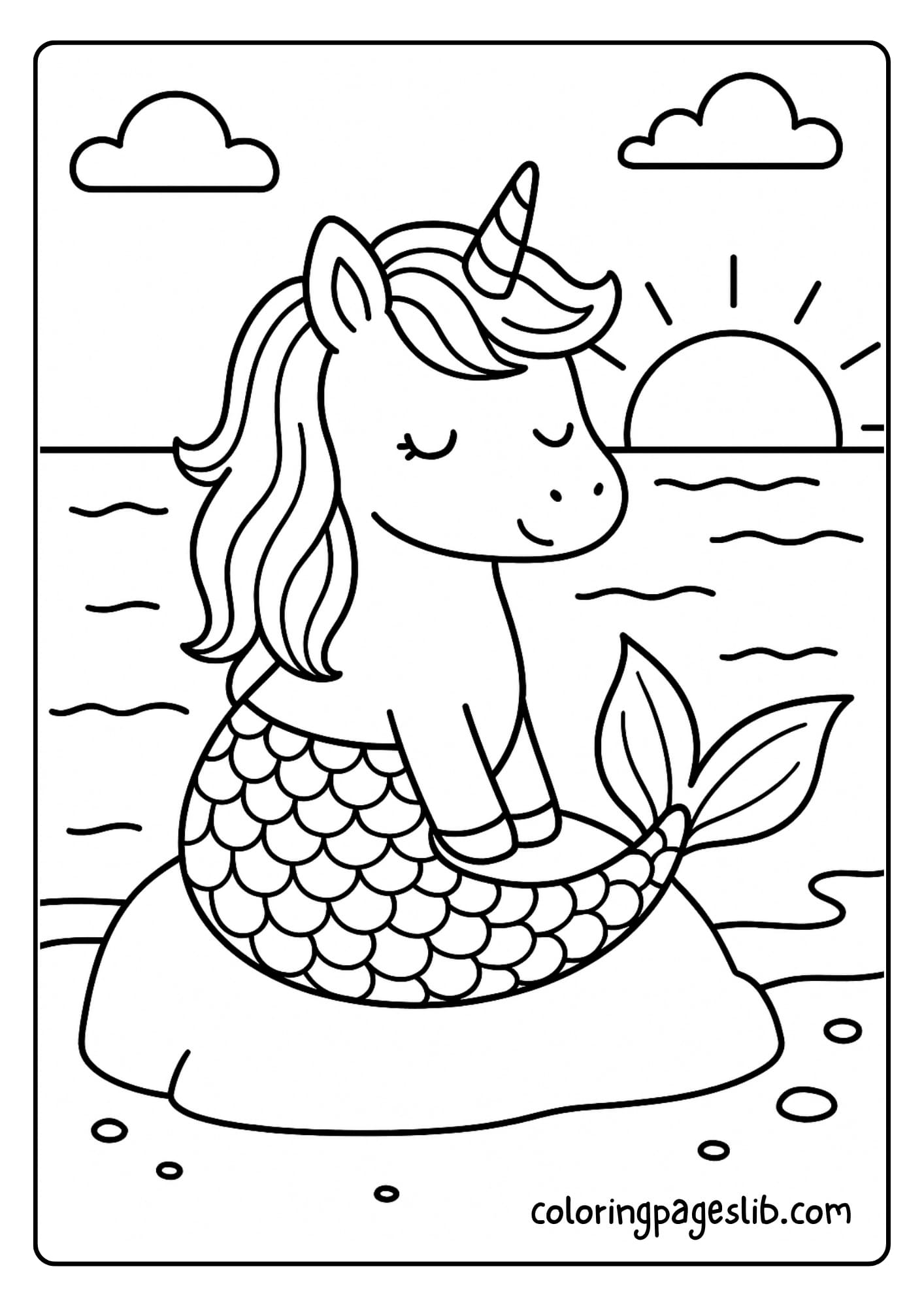 Sunset Beach Unicorn Mermaid Coloring Pages