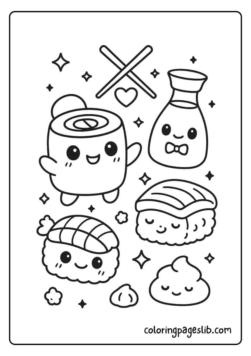 Sushi Squad – Kawaii Sushi and Soy Sauce Coloring Page
