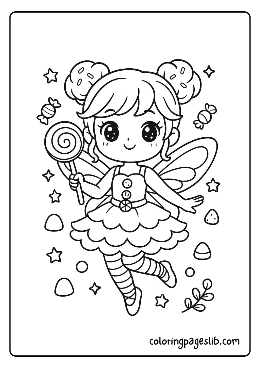 Sweet Magic – Candy Fairy Holding Lollipop Coloring Page