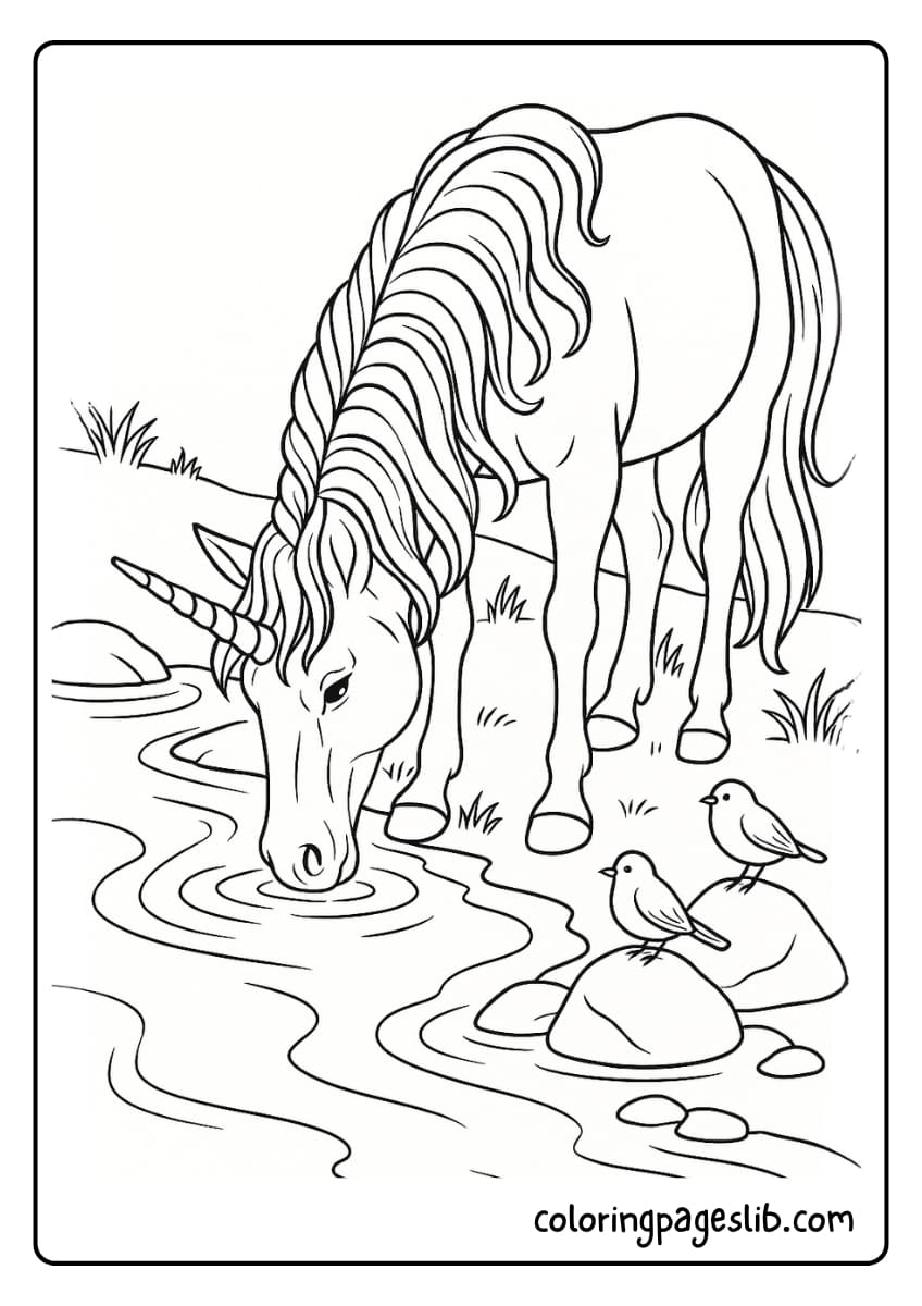 The unicorn drinks fresh water from a gentle river while birds perch on nearby stones