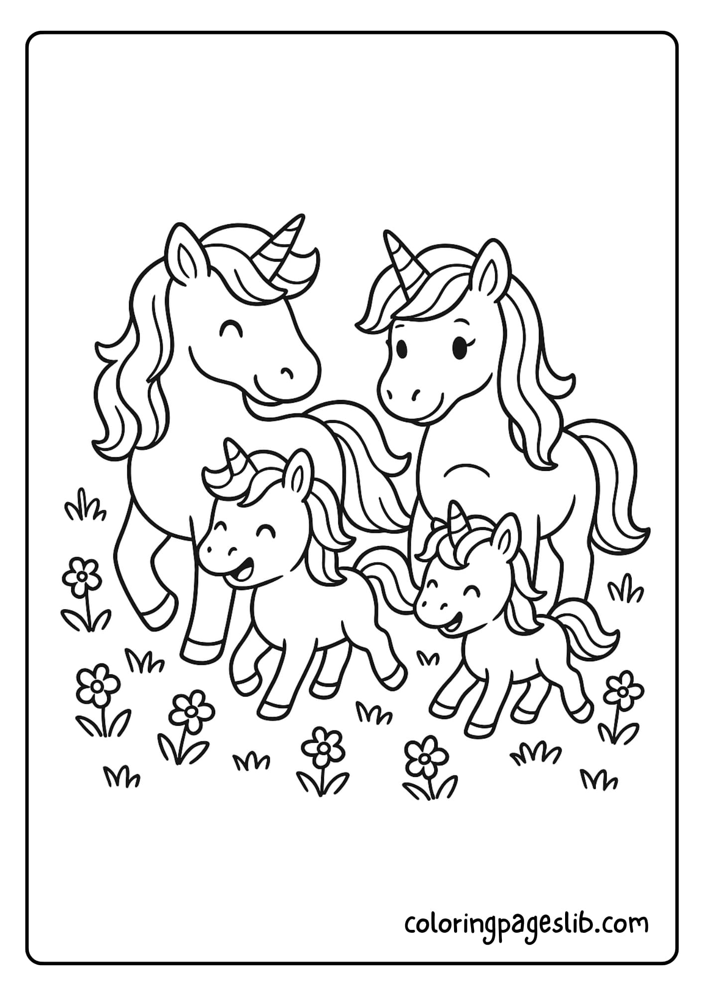The unicorn family walking through a magical meadow