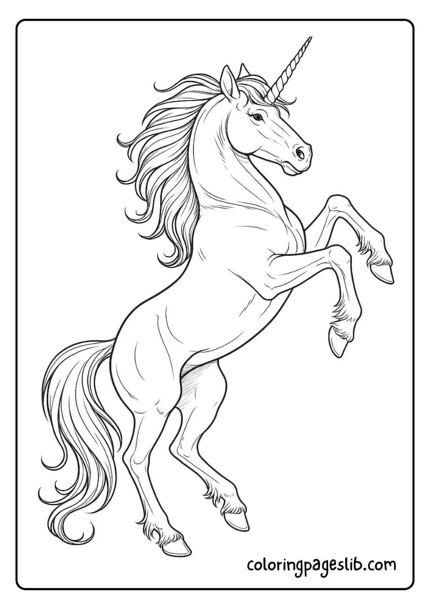 The unicorn lifts its front legs high into the air in a powerful rearing pose
