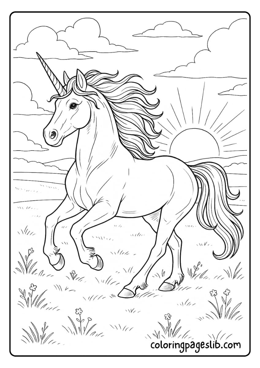 The unicorn runs gracefully across a wide open field under a glowing sunset sky