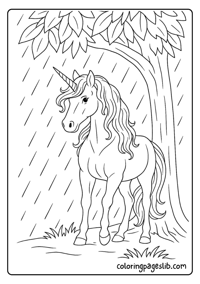 The unicorn takes cover under a large tree during a rain shower, drops falling around it
