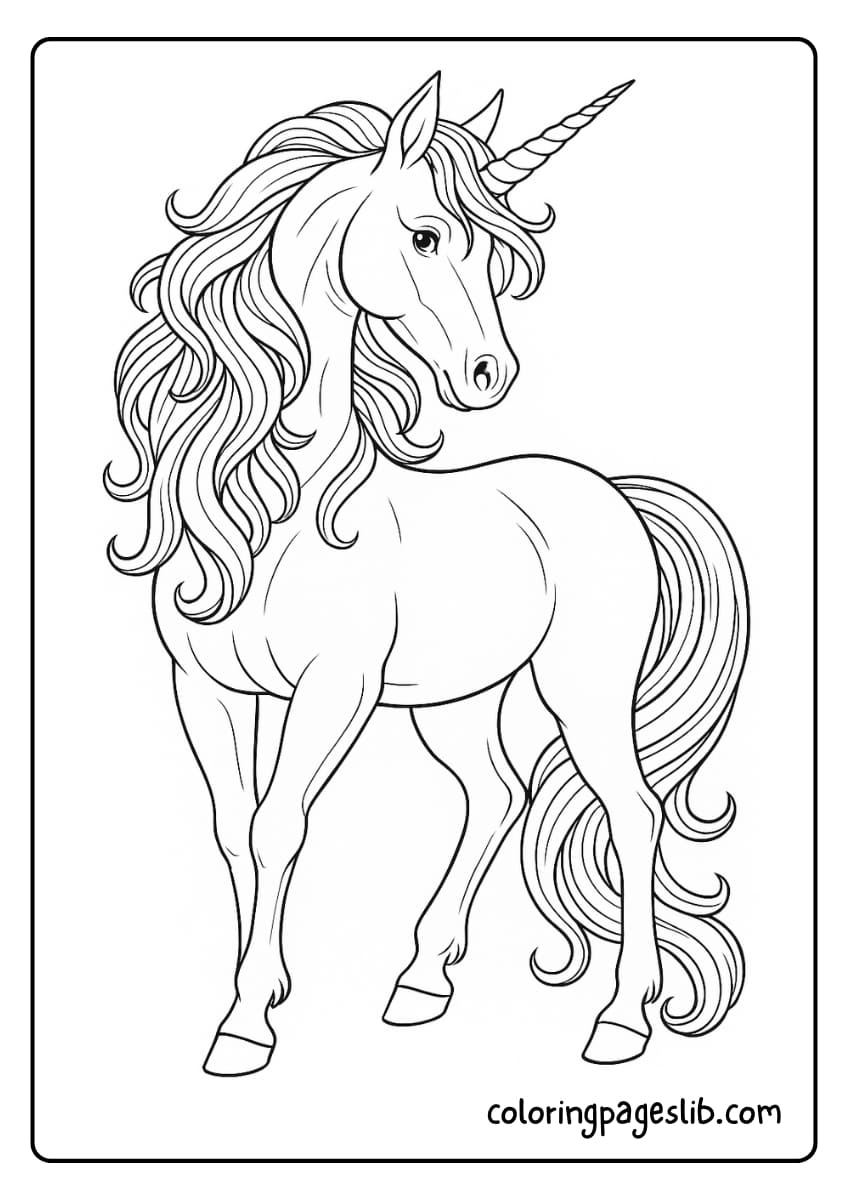 The unicorn turns its head over its shoulder, showing off a twisted mane and elegant neck