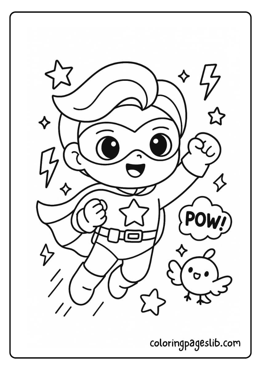 Tiny Hero – Kawaii Superhero Coloring Page