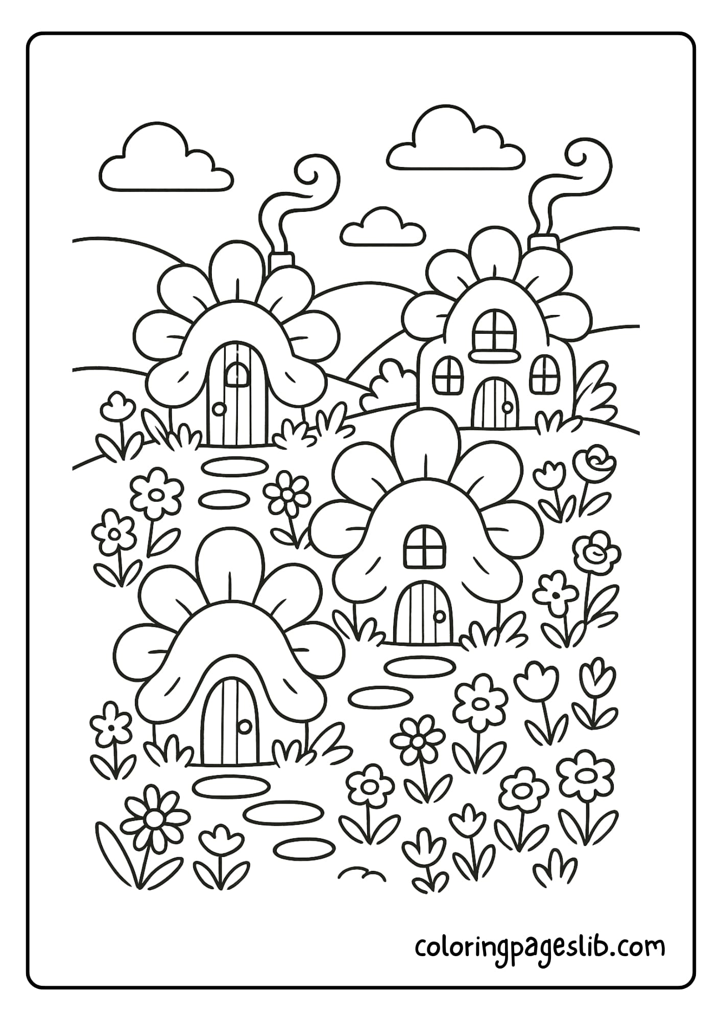 Tiny flower-shaped cabins in a hillside village with curling chimneys