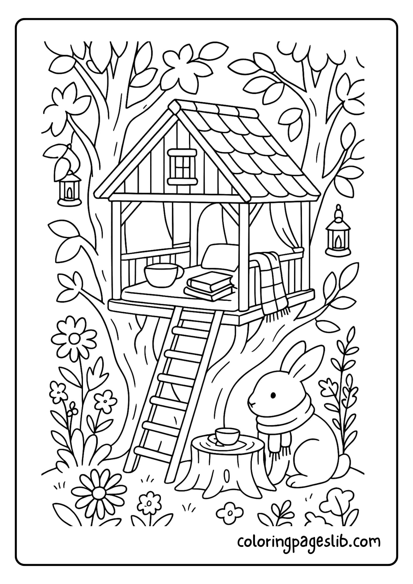 Treehouse with cozy lanterns, blankets, and books